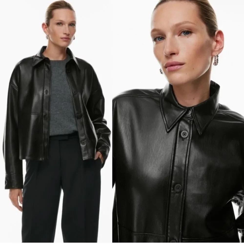 Classic Black Faux Leather Button-Front Shirt Jacket
